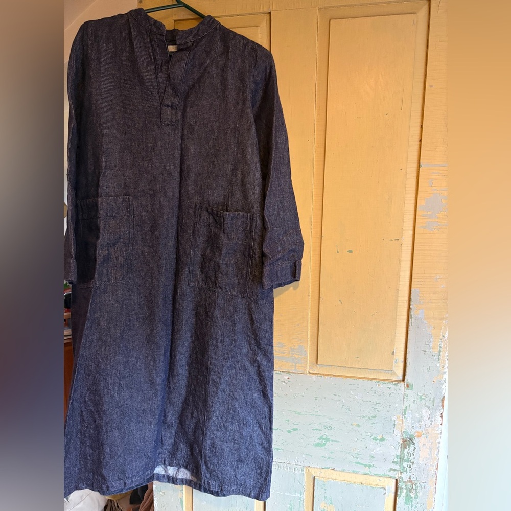 Fog Linen Work‎ Chore Dress 100% Linen Twill Navy Pockets Roomy Oversized Fit OS